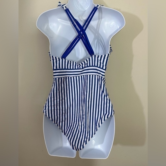Cupshe sz lg swimsuit One piece. Blue and white stripe. Ruffle accent - Picture 3 of 12